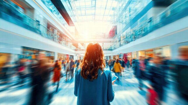 A woman strolls through a busy shopping mall, blurred for effect.
