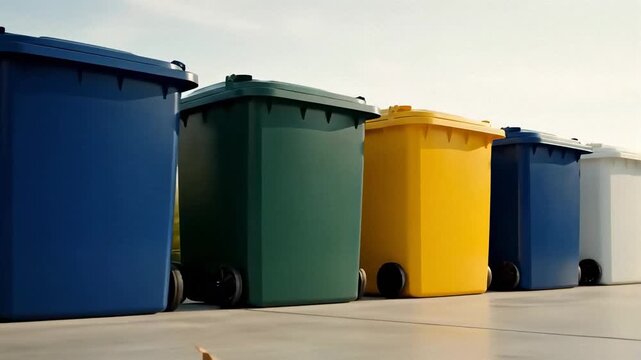 Row of colorful recycling bins lined up on pavement. Clean unbranded waste containers for garbage separation. Tracking shot of plastic wheelie bins