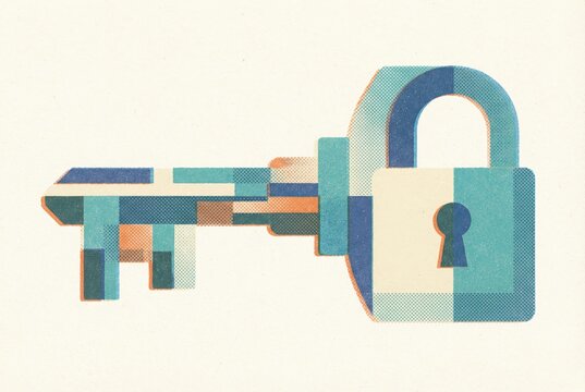 Abstract representation of a key and padlock amalgamation showcasing innovative security concepts with layered geometric designs and a modern color palette emphasizing trust and stability