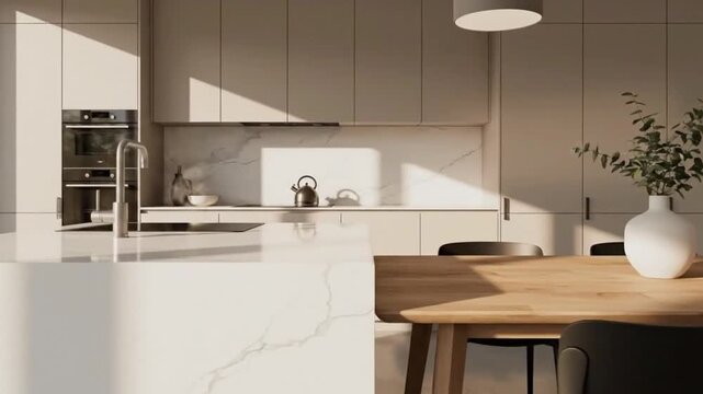 Modern kitchen interior with dining area and natural light