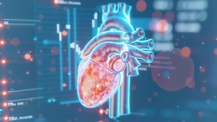 A 3D animation of a futuristic human heart rotating. Medical technology and cardiology concept with glowing data graphs. Digital healthcare and biometric analysis - Powered by Adobe