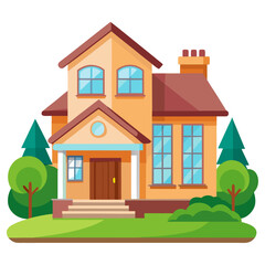 Naklejka premium Cozy Two Story Family House with Garden Vector Illustration