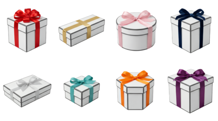 White gift box set including square, rectangular, round, and hexagonal shapes with colorful satin ribbons isolated. Holiday packaging and celebration collection.