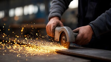 A worker uses an angle grinder to cut metal producing a shower of bright sparks in a dim workshop