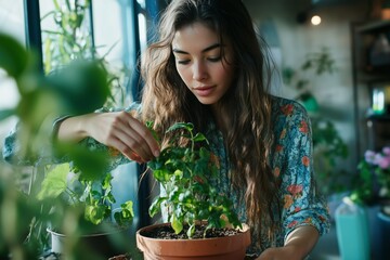 A young person in gloves and an apron carefully repots a basil plant in the kitchen. Fresh herbs surround them, highlighting a passion for gardening inside the home