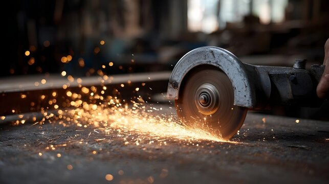 Close up of an angle grinder cutting metal showering sparks in a dimly lit industrial workshop