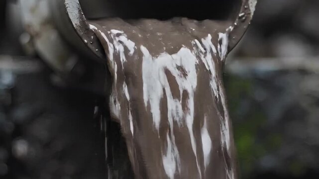 Murky water pouring from a metal pipe. Dirty sludge flowing continuously. Industrial waste and pollution concept