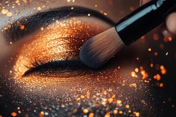 Close-up of eye makeup application using a brush, featuring shimmering golden glitter for a striking, glamorous look. 127 char