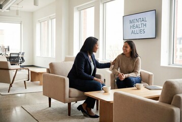 Fototapeta premium Emotional support session between two women discussing mental health strategies in a serene office setting focusing on positive mental health advocacy and personal growth