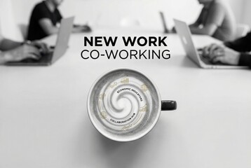 Dynamic collaboration environment showcasing coffee cup with economic indicators and co working ethos as remote professionals engage in productive synergy