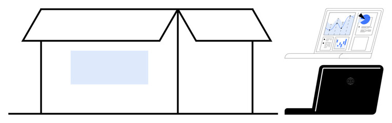 Obraz premium Inventory management, logistics, supply chain, efficiency, data-driven decisions, automation. Storage box alongside a laptop with analytics screen. Inventory management and logistics visualization