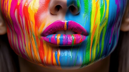 A close-up captures a human face adorned with vibrant, flowing paint. The composition is a dynamic display of color and texture.