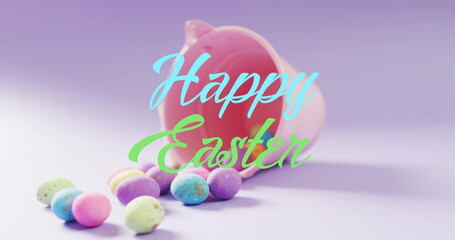 Image of happy easter text over colourful easter eggs and pink bucket on purple background