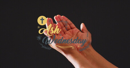 Image of ash wednesday text over woman's paying hands on wooden background