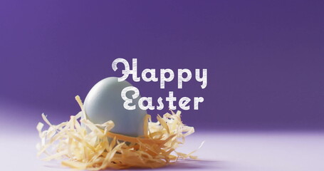 Image of happy easter text over blue easter eggs on purple background
