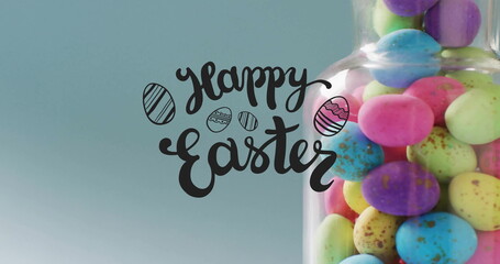 Image of happy easter text over colourful easter eggs in jar on blue background