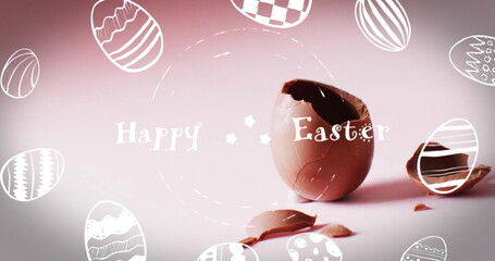 Image of happy easter text over easter eggs and cracked chocolate egg on pink background