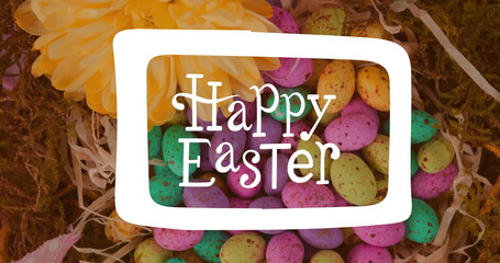 Image of happy easter text over colourful easter eggs
