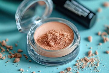 Close-up of translucent container with loose face powder. Neutral makeup tones are set against a clean, vibrant blue backdrop.
