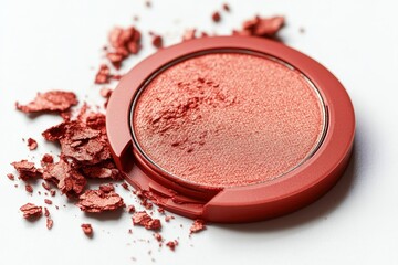 Close-up of a coral colored face blush with scattered fragments of blush lying next to it on a plain white surface, a beauty product.