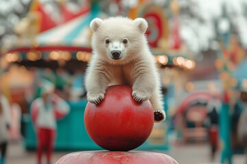 This playful bear showcases its balancing skills on a vibrant red ball, entertaining a lively circus audience amid colorful decor and sparkling lights. The atmosphere is joyful and magical