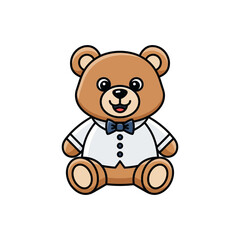 Obraz premium Cute brown teddy bear in white shirt and blue bow tie sitting happily