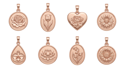 Rose gold floral pendant set including rose, tulip, peony, daisy, orchid, lotus, lily, and sunflower charms isolated. Elegant jewelry and botanical accessories collection.