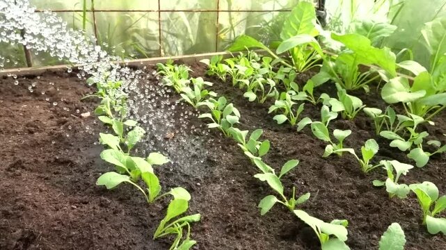 watering plants in the greenhouse. growing radishes with a watering can.