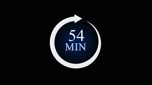 White circular arrow with number 54 and M on dark blue gradient background timer countdown