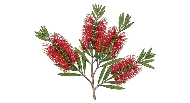 Vibrant red bottlebrush flowers botanical illustration
