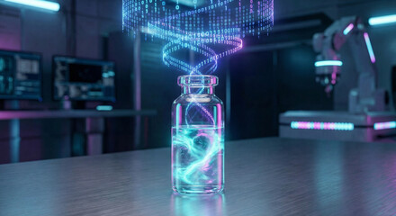 Synthetic DNA data storage concept with glowing binary code in glass vial