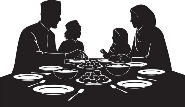 Black and White Silhouette Illustration of Muslim Family Sharing Meal Together