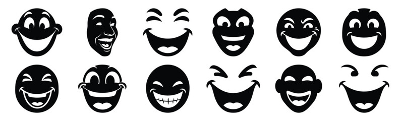 Set of silly grin face silhouette art. Funny large pack of vector silhouette design and isolated on white background