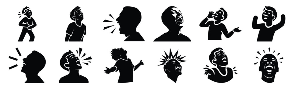 Set of silly laugh burst silhouette art. Funny large pack of vector silhouette design and isolated on white background