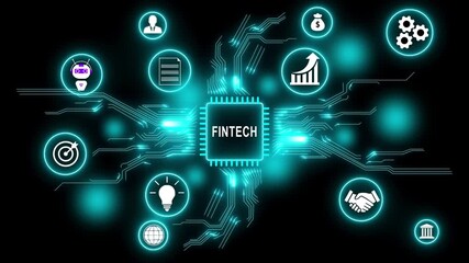 Futuristic Fintech Microchip with Neon Blue Circuits and Icons on Dark Background - Powered by Adobe