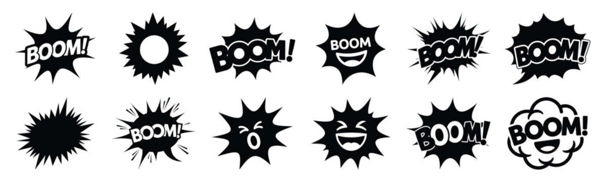 Set of comic boom laugh silhouette art. Funny large pack of vector silhouette design and isolated on white background