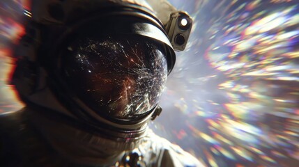 Celestial Explorer: An astronaut in a spacesuit embarks on a cosmic journey, encountering an explosion of light and color that mirrors the vastness and mystery of the universe. 