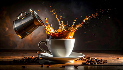 Darkly Lit Scene Captures a Dramatic Coffee Splash from a Small Metal Pitcher into a White Ceramic Cup with Beans Scattered on a Wooden Surface