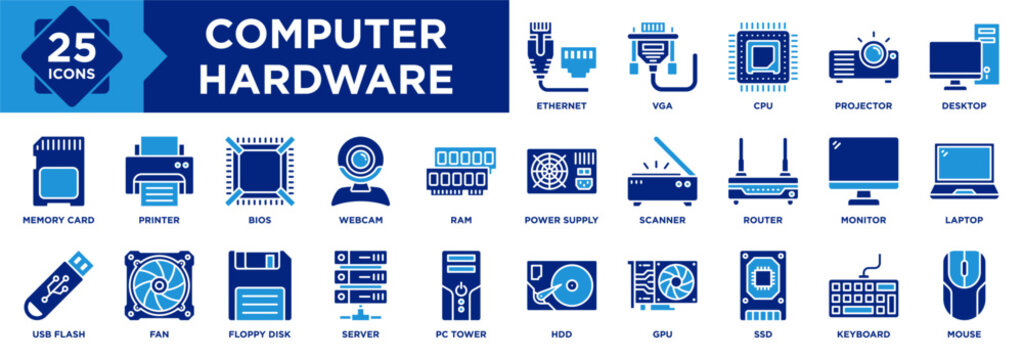 Computer Hardware icon collection set. Containing Printer, Memory Card, Laptop, Keyboard, Router, Scanner, Monitor, Ethernet, Webcam, Power Supply icon