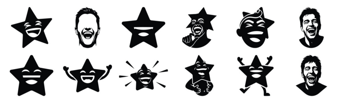 Set of comic star laugh silhouette art. Funny large pack of vector silhouette design and isolated on white background