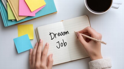 A person is writing dream job in a notebook with a pencil, near a cup of coffee and sticky notes.