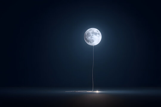 Surreal conceptual digital art of a glowing full moon as a balloon tethered by a thin string in a dark minimalist void, representing dreams and imagination.