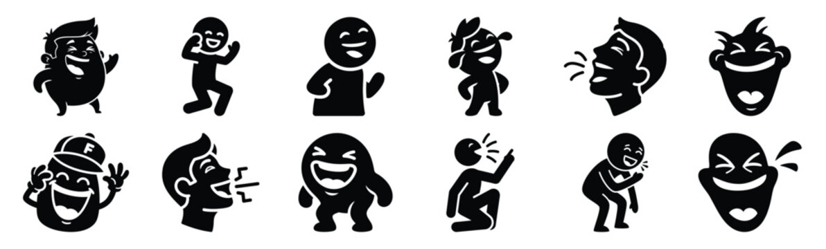 Set of funny doodle chuckle silhouette art. Funny large pack of vector silhouette design and isolated on white background