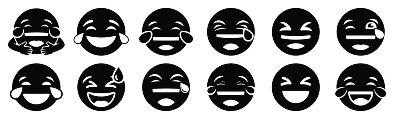 Set of funny emoji chuckle silhouette art. Funny large pack of vector silhouette design and isolated on white background