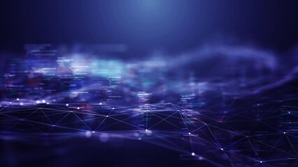 Abstract technology background with source code, data flow, and connected network lines, representing software development, programming, big data processing, analytics, digital transformation concept. - Powered by Adobe