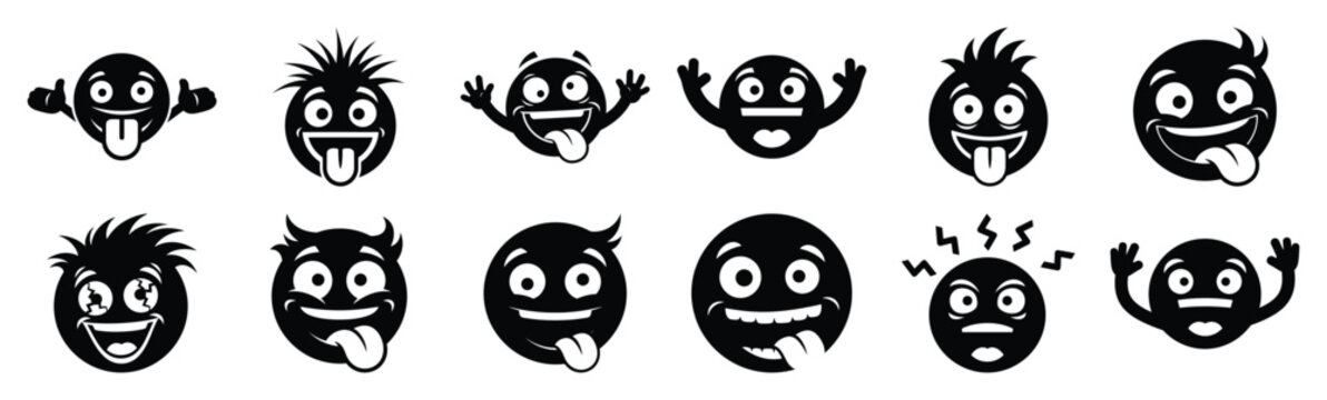 Set of funny emoji crazy silhouette art. Funny large pack of vector silhouette design and isolated on white background