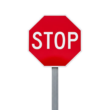 Stop sign with white border on metal pole