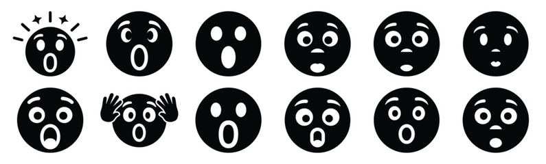 Fototapeta premium Set of funny emoji shock silhouette art. Funny large pack of vector silhouette design and isolated on white background