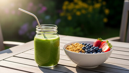 Healthy breakfast with green smoothie and fresh fruit bowl outdoors
