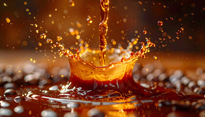 Dynamic Amber Coffee Splash Crown Formation with Dark Roasted Beans Macro Shot Warm Golden Hour Lighting Evokes Rich Aroma and Invigorating Energy
